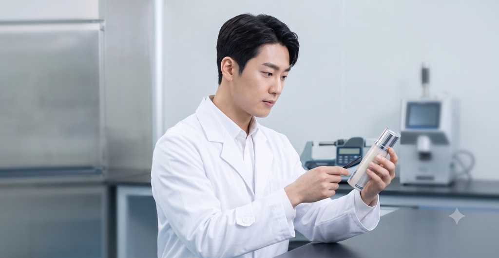 DMCK 연구원이 화장품 용기를 검사하는 모습